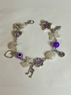 Handmade Silver Purple/Pearl Charm Bracelet